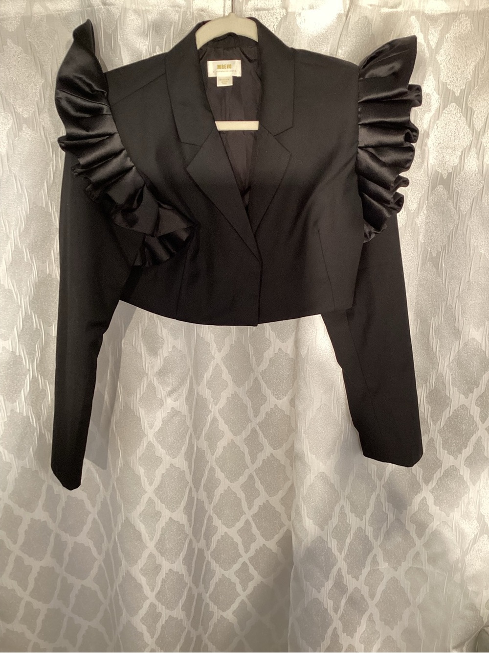 Anthropologie Black Cropped Ruffle Shoulder Blazer